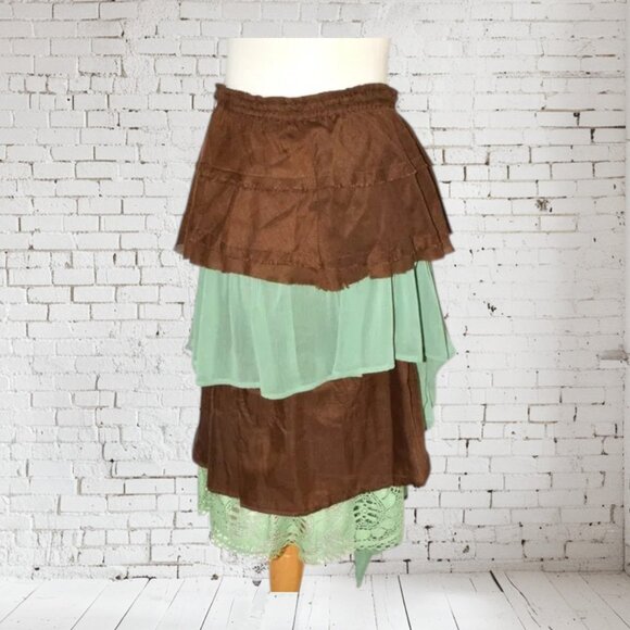 Boho Upcycle Layer Skirt Lace Brown Green - Picture 2 of 4